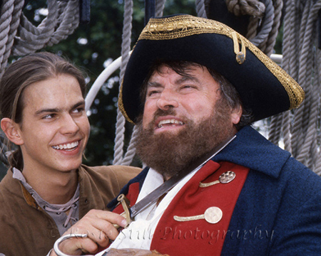 Actors Kristian Schmid (Peter Pan) and Brian Blessed(Captain Hook) on the Cutty Sark 1992